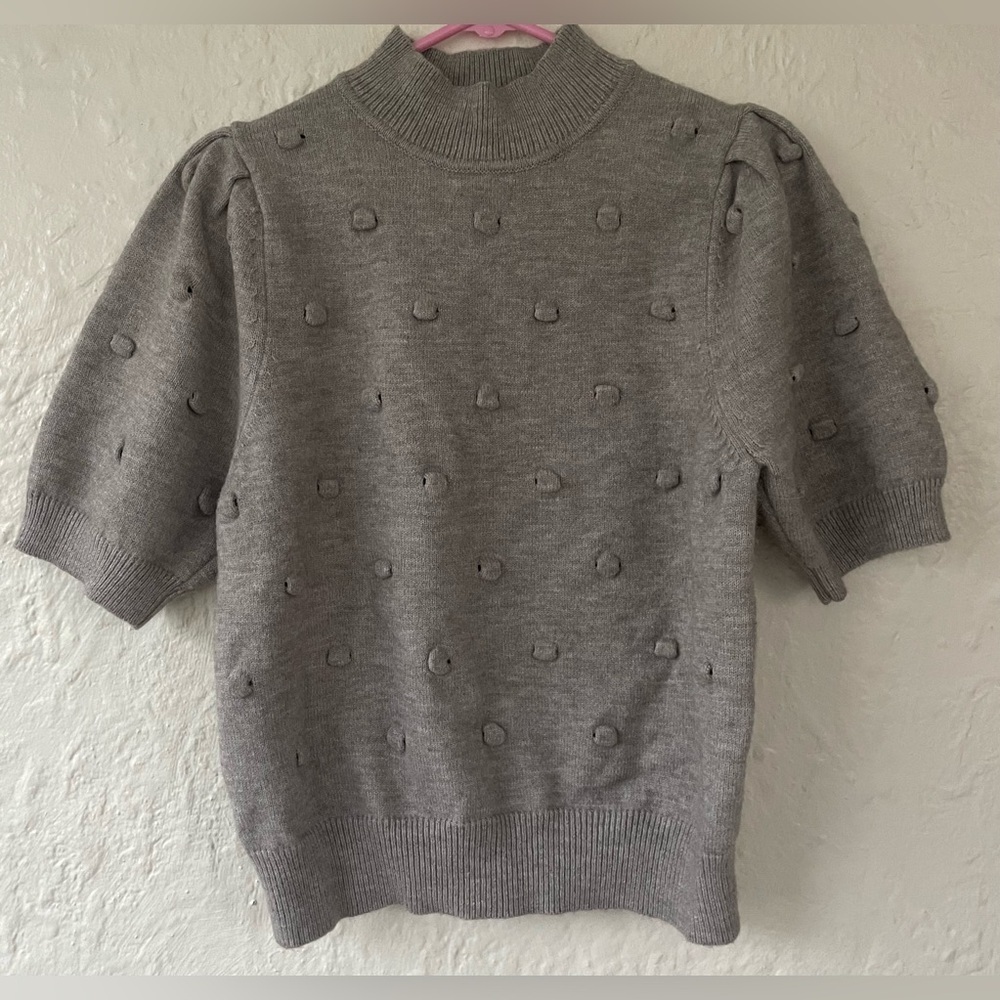 &merci gray Pom Pom embroidered short sleeve puff sleeves wool blend sweater; L